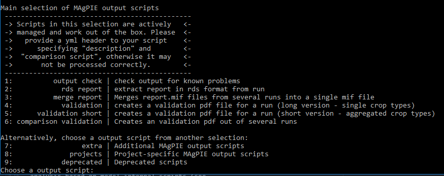 Selection of model-internal output scripts