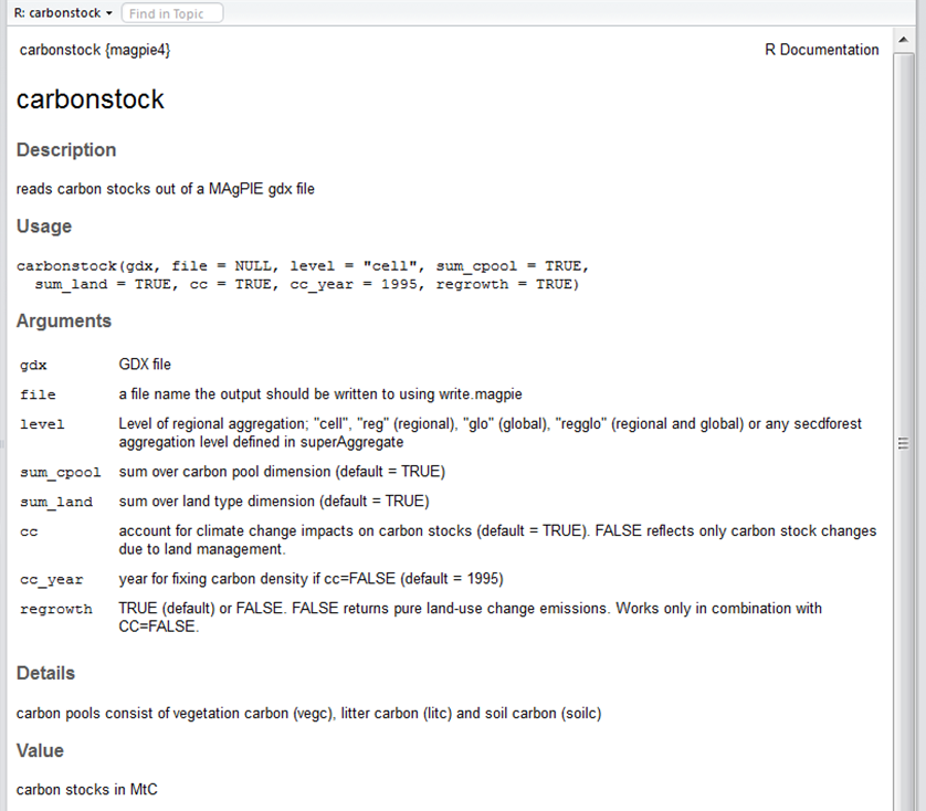 Help page of the carbonstock-function of the magpie4 library