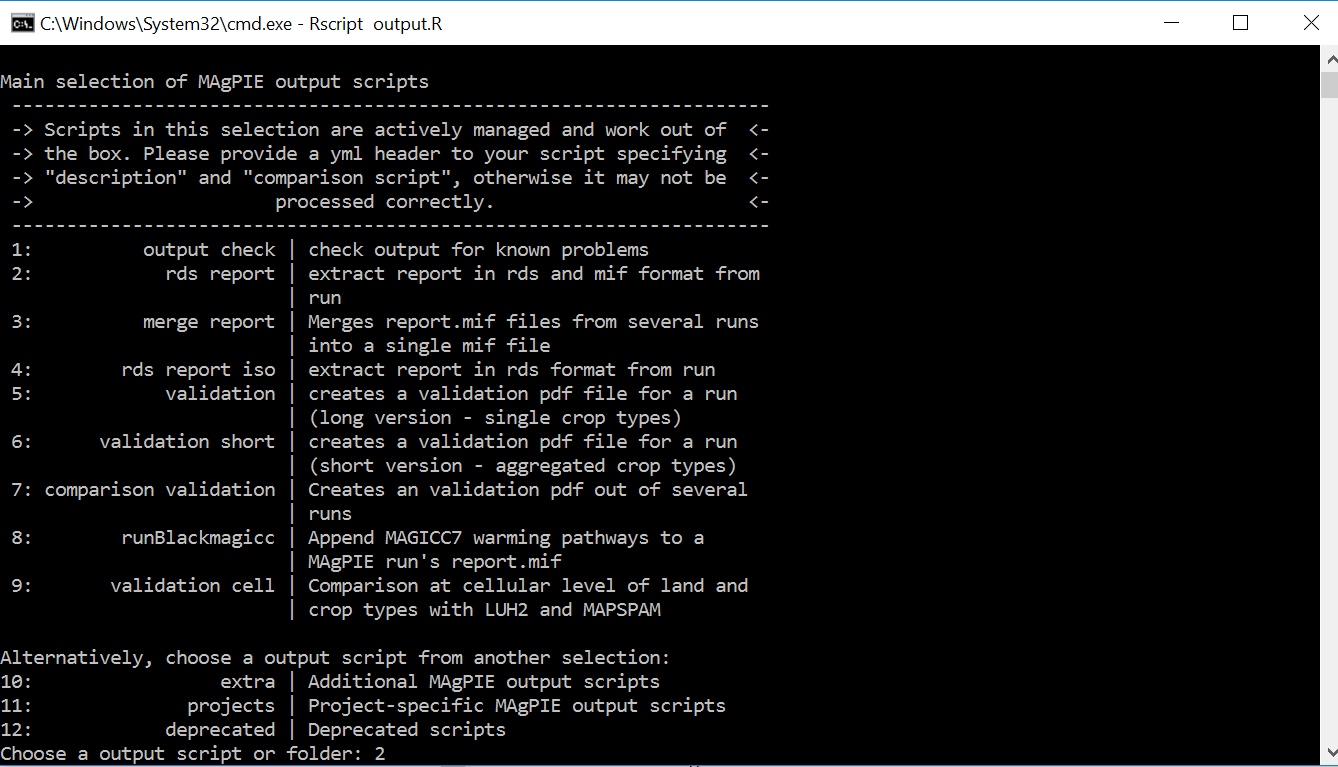 Selection of model-internal output scripts